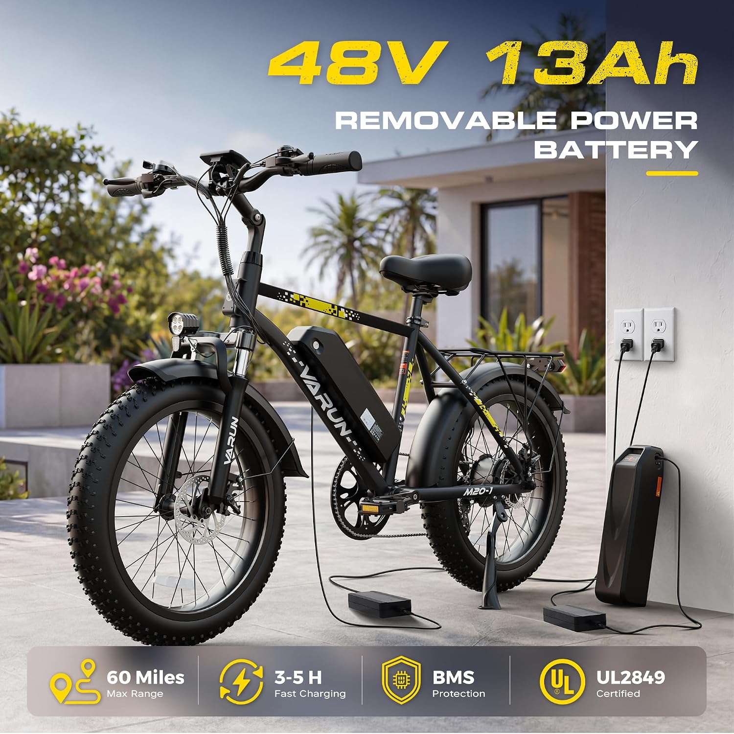 VARUN Electric Bike - 1000W Peak Motor 60 Miles Fat Tire Ebike with 48V 13Ah Removable Battery, 7-Speed, All Terrain 20" Cruiser Adults Electric Bike with Cargo