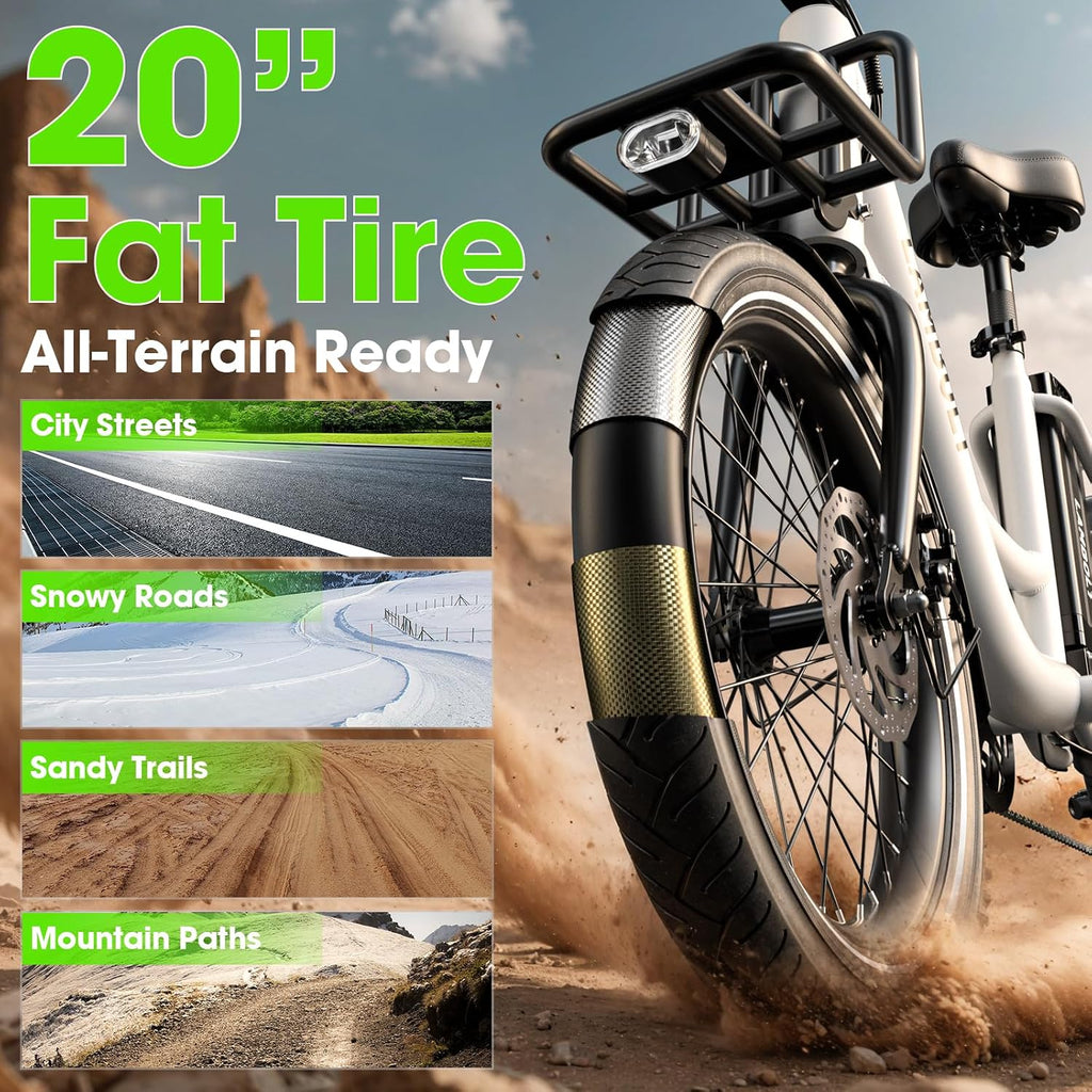 Electric Bike for Adults - 1000W Peak Motor Ebike with 48V15Ah Removable Battery, 20" x 3.0 Fat Tire Step-Thru 7-Speed Commuter Electric Bicycle, Up to 24 MPH, 70 Miles Range, UL 2849 Certified.