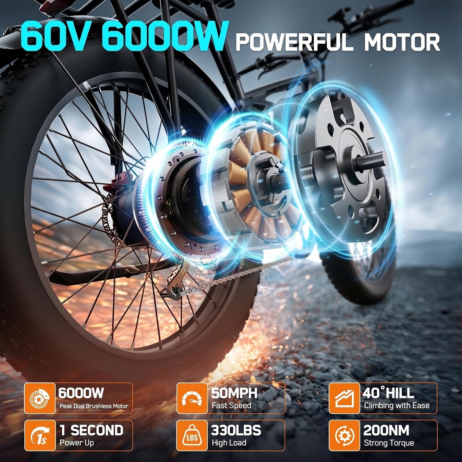 6000W Electric Bike for Adults,60V 1200WH 50MPH Dual Motor Mountain Ebike Up to100 Miles Long Range Electric Bicycle 24" Fat Tire Fast Bicycle for Men Women with Bag