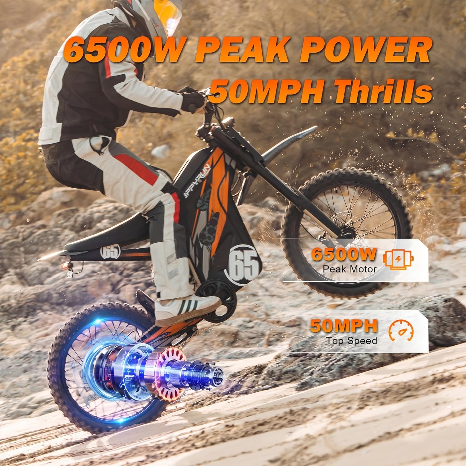 HAPPYRUN G300 Pro Electric Dirt Bike for Adults, 72V 30Ah Battery, 6500W Motor, 50 MPH Speed, 70 Mile Range, 350 Lbs Load Capacity, Hydraulic Brakes