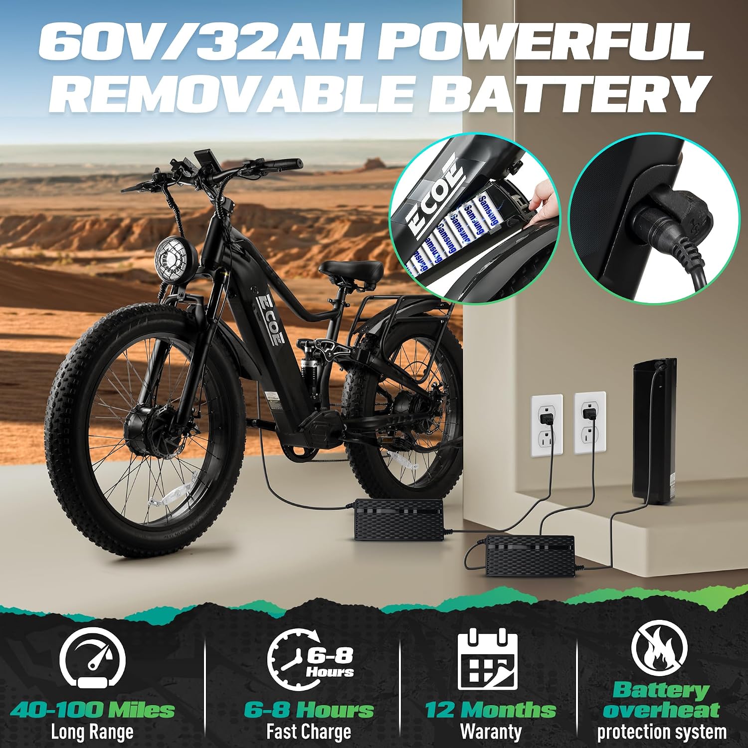 EcoE 8000W Dual Motor Electric Bike for Adults 52MPH 60V32A, 26x4 Fat Tire All Terrain Ebikes, Full Suspension E Bike, SHM 7-Speed Gear Electric Bicycle(Q5-1-8000W)