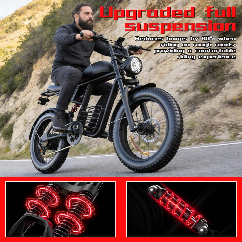 Electric Bike for Adults, 1000W Peak Motor, 30-35 MPH Top Speed, 40-60 Miles Range, 48V 15Ah Removable Battery, 20" Fat Tire, Full Suspension, UL 2849 Certified, All-Terrain EBike