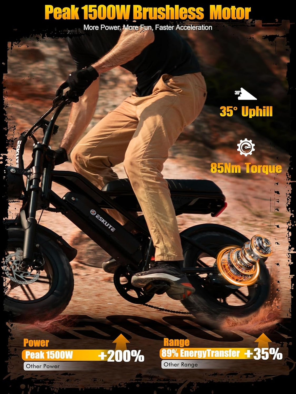 ESKUTE V100 Electric Bike for Adults, Electric Dirt Bike 1500W Peak Motor, All Terrain Dual Suspension E Bike 20+MPH Top Speed, Ebike Up to 60 Miles Range, 16" Fat Tire, 48V13Ah Battery, 7-Speed