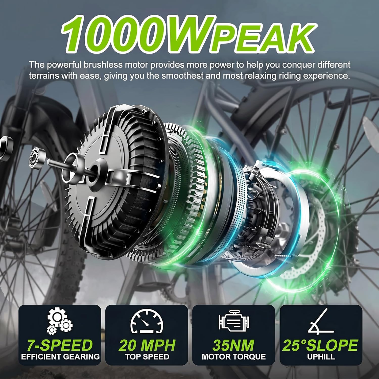 Electric Bike for Adults, 24" Electric Bicycle with 1000W Peak Motor | 2026 Upgrade Full Suspension Mountain Ebike 48V 504Wh Battery 20MPH Commuting e Bike, 7-Speed ebikes for Adults