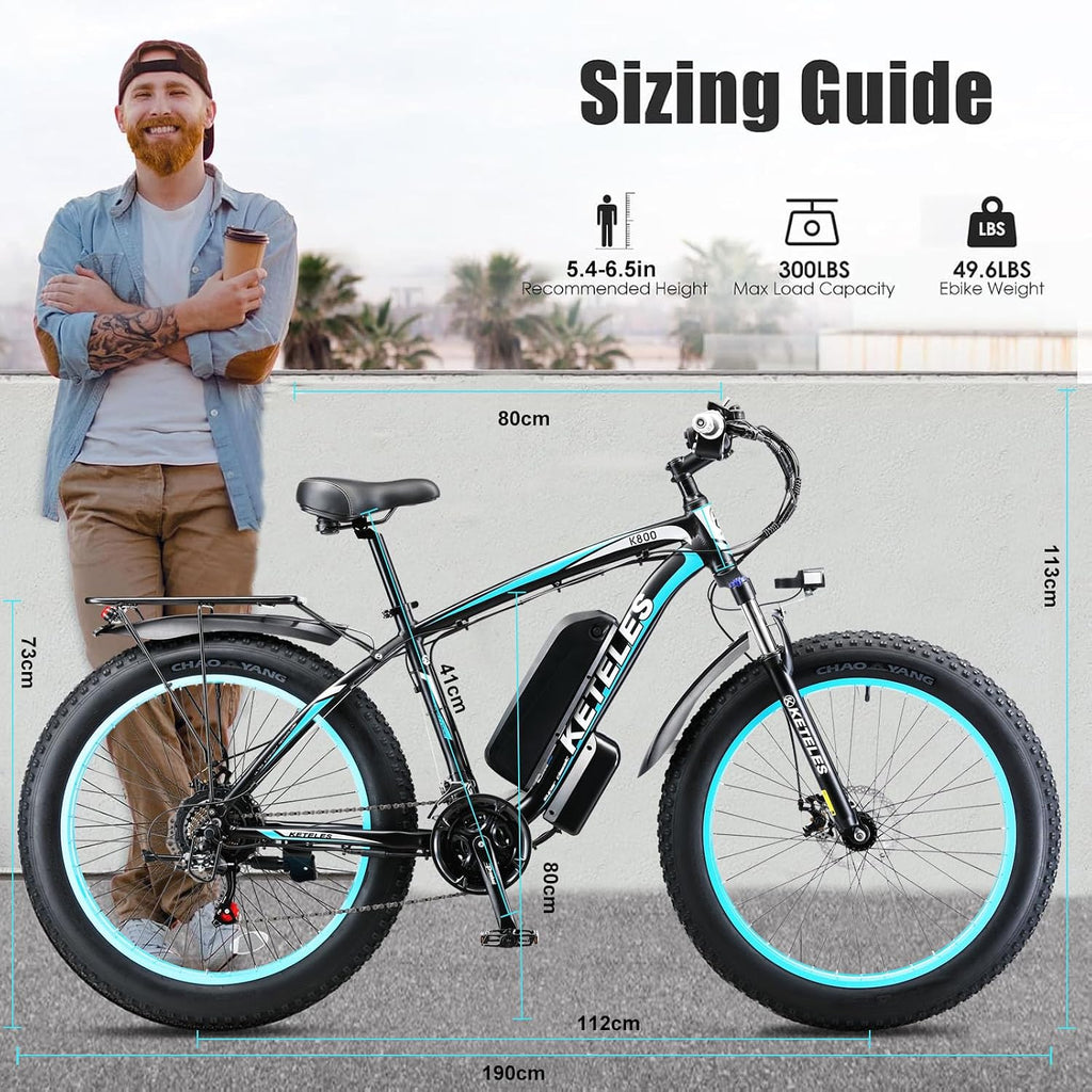KETELES 26" Fat Tire Electric Bike for Adults 1000W Mountain Snow Beach Ebike 27MPH, 48V 15AH Removable Battery Electric Dirt E Bikes 21 Speed E-Bike Front Suspension UL Certified