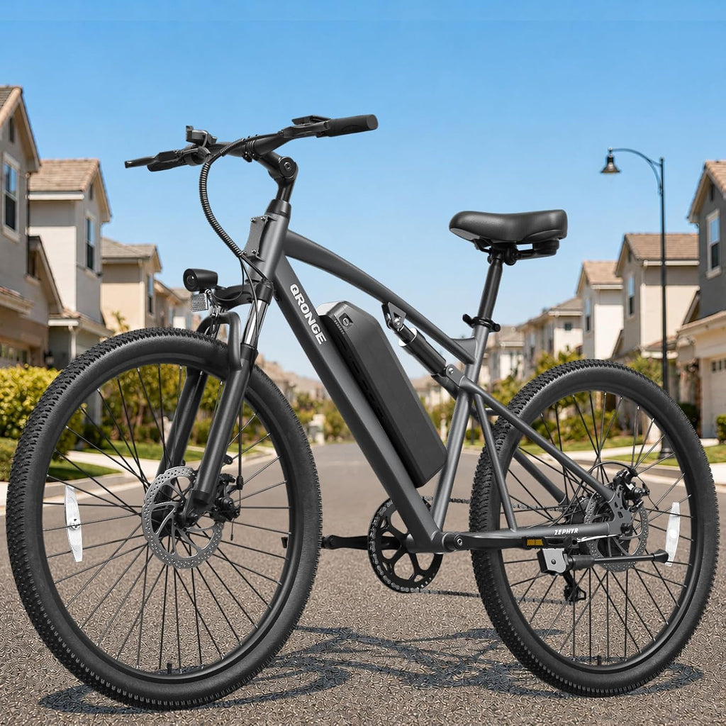 QRONGE Electric Bike for Adults, Full Suspension Ebike, 350W Peak Motor 540Wh Battery, 20MPH(PAS Mode) Mountain Electric Bicycles, 7 Speed, 26'' Tire, Up to 70 Miles, Zephyr