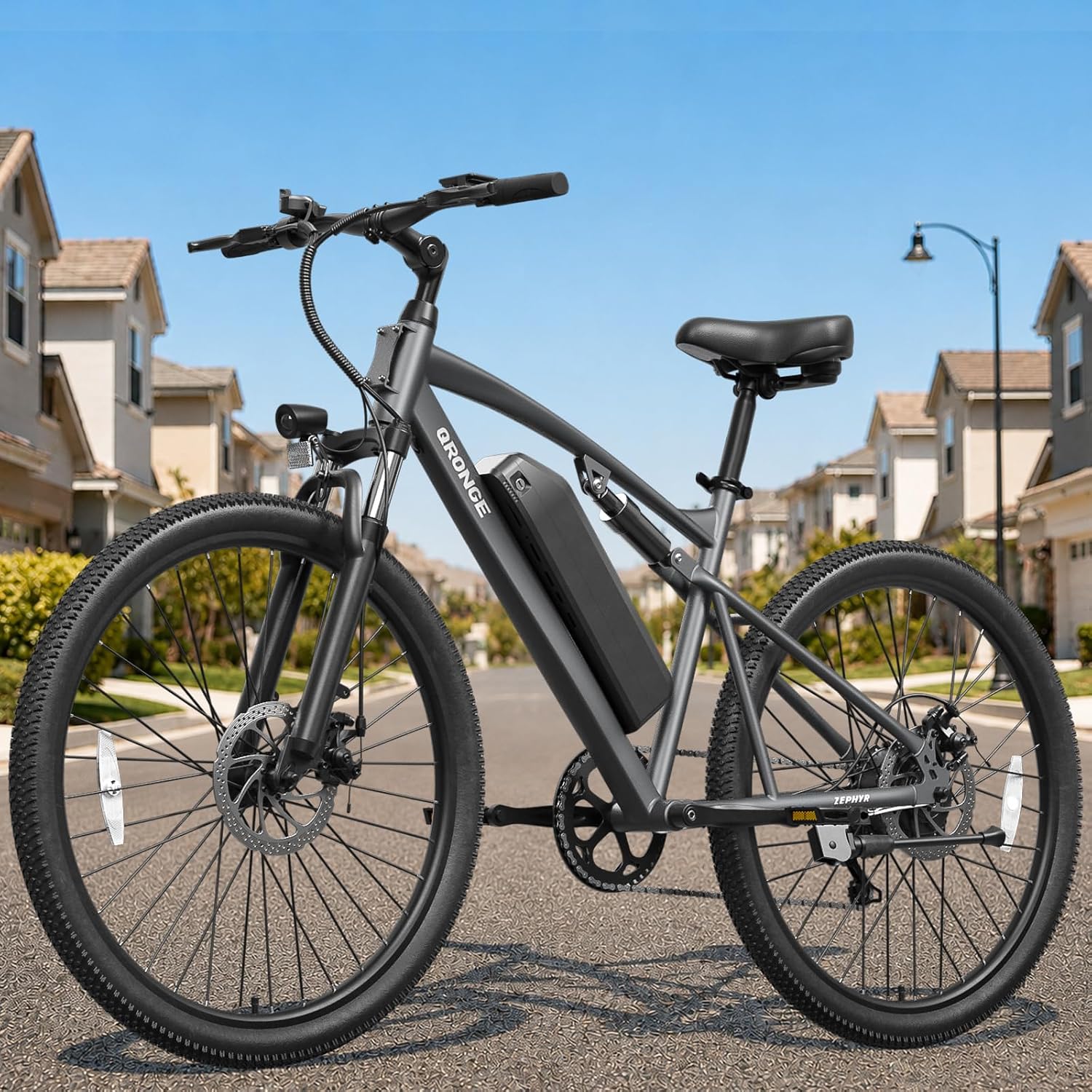 QRONGE Electric Bike for Adults, Full Suspension Ebike, 350W Peak Motor 540Wh Battery, 20MPH(PAS Mode) Mountain Electric Bicycles, 7 Speed, 26'' Tire, Up to 70 Miles, Zephyr