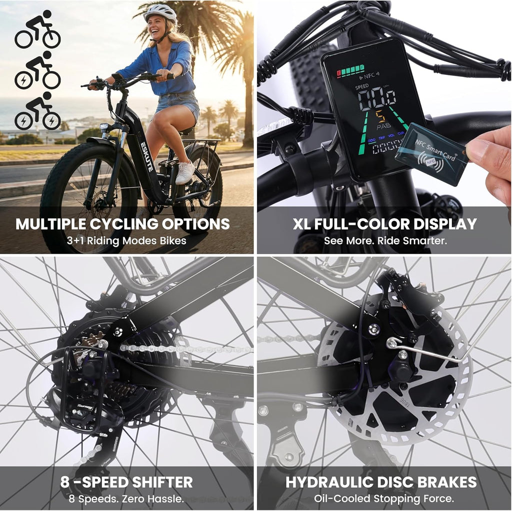 ESKUTE Electric Bike for Adults - 48V20.8Ah 80 Miles Battery Commuter, 32+MPH, Peak 1500W Brushless Motor, 26x4.0 Fat Tire Step-Thru Cityrun Ebike, 8-Speed, Full Suspensions E-Bike