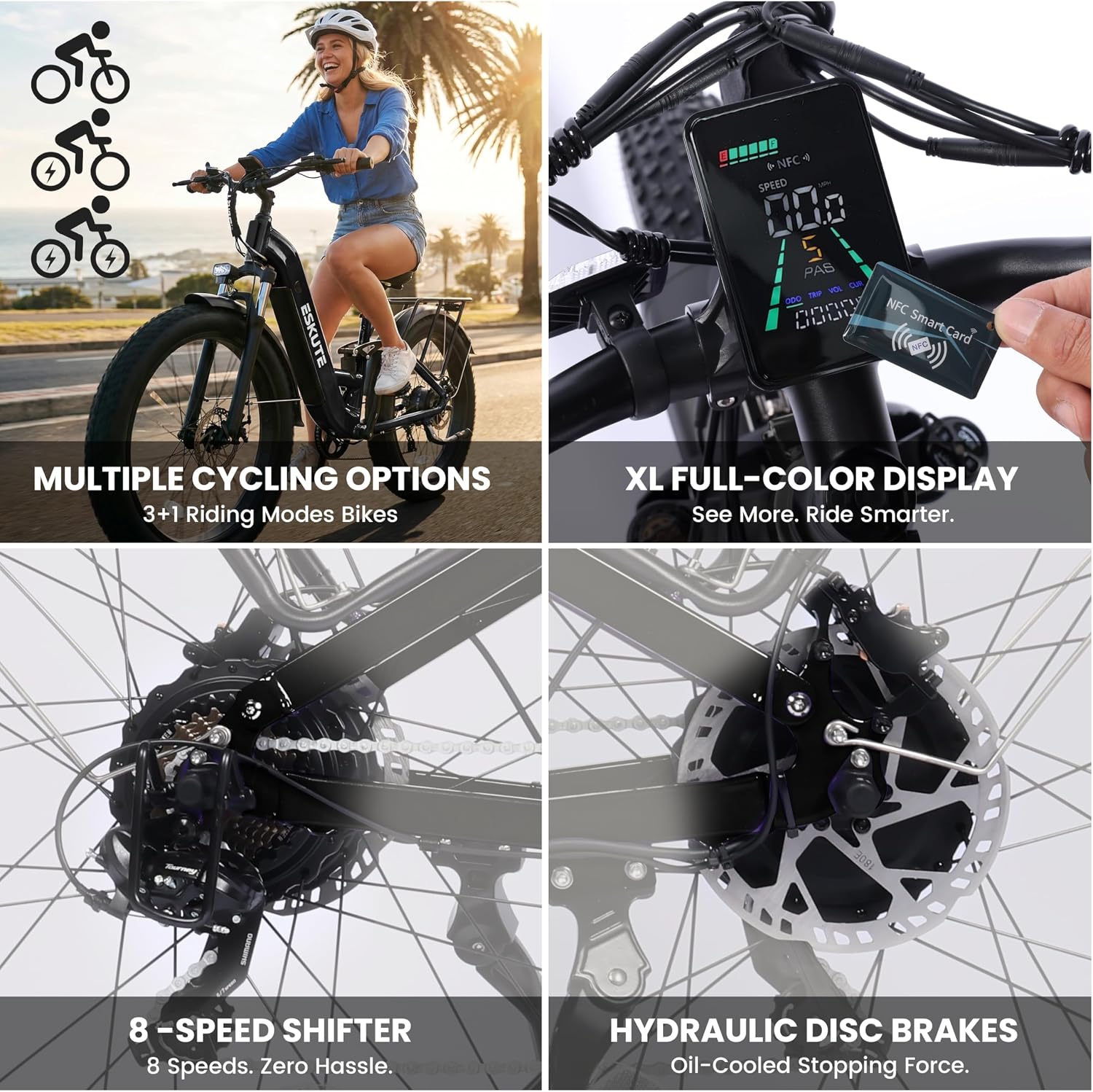 ESKUTE Electric Bike for Adults - 48V20.8Ah 80 Miles Battery Commuter, 32+MPH, Peak 1500W Brushless Motor, 26x4.0 Fat Tire Step-Thru Cityrun Ebike, 8-Speed, Full Suspensions E-Bike