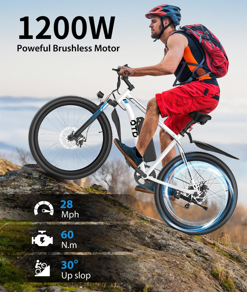 Electric Bike for Adults 1200W Peak Lightweight Mountain Ebikes,28MPH Fast Electric Bicycles,90 Miles PAS Long Range,48V 624Wh Removable Battery,7-Speed E-Bicycles