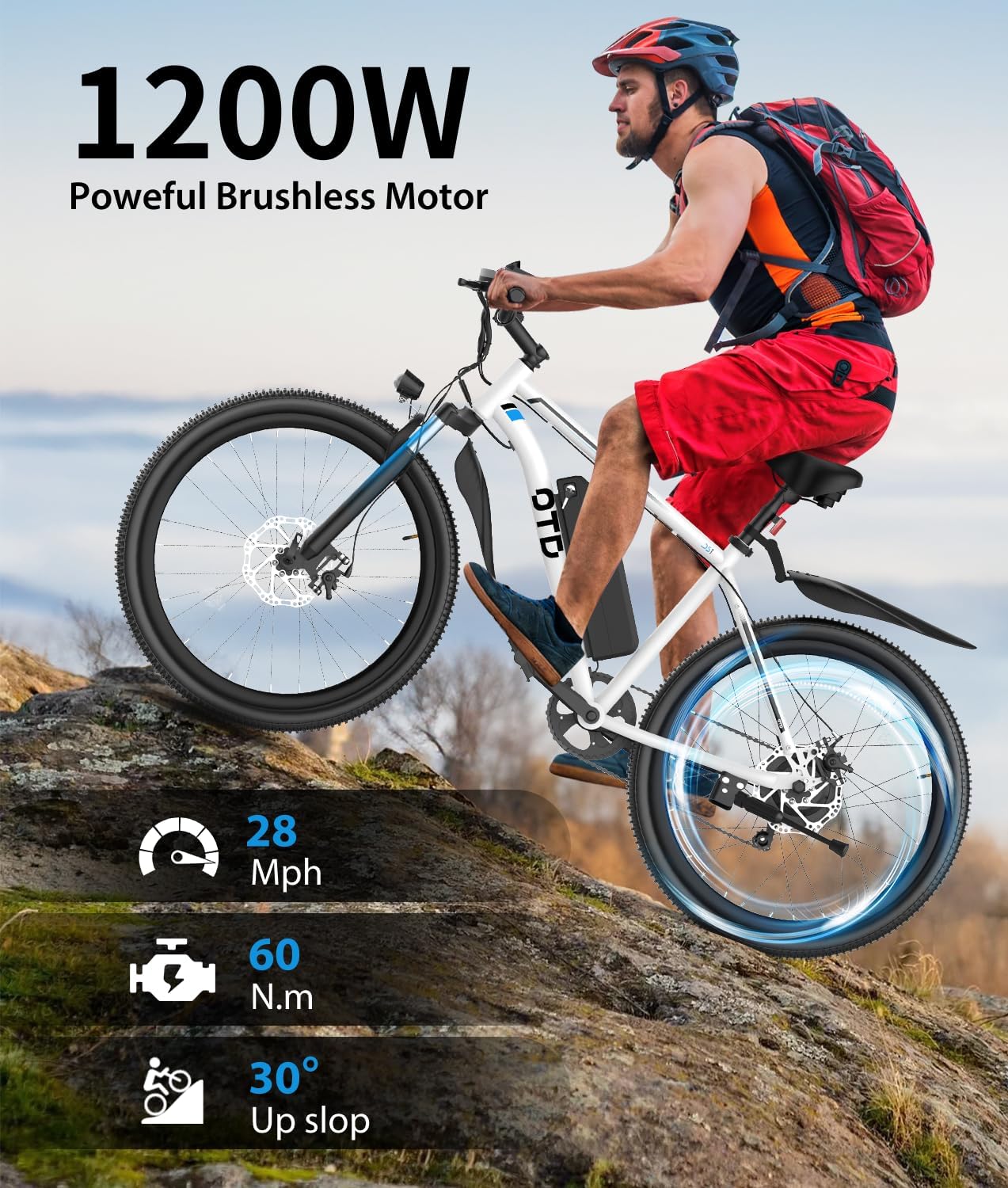 Electric Bike for Adults 1200W Peak Lightweight Mountain Ebikes,28MPH Fast Electric Bicycles,90 Miles PAS Long Range,48V 624Wh Removable Battery,7-Speed E-Bicycles