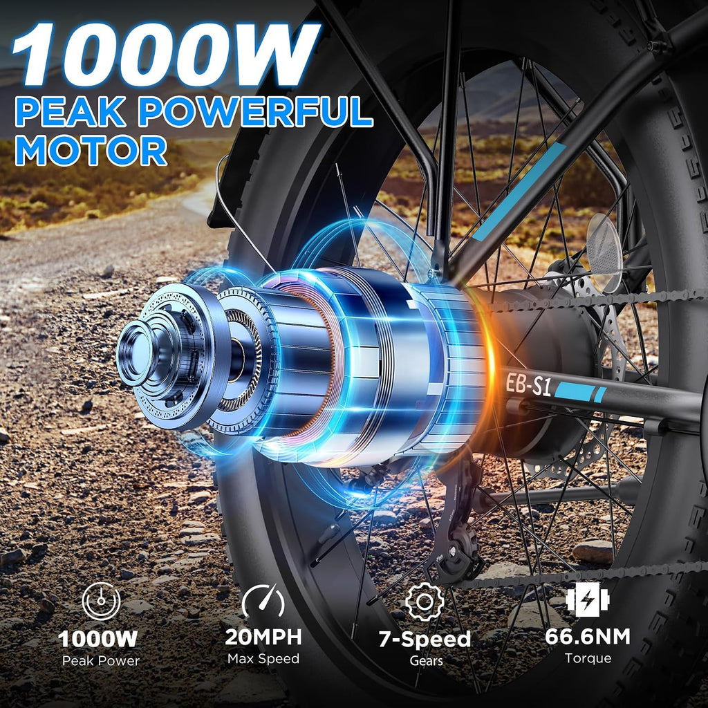 Funhang Electric Bike for Adults, 1000W Peak Ebike, 20MPH 60Miles Electric Mountain Bike, 26" Fat Tire Electric Bicycle with 48V 13AH Battery, Front Suspension,7 Speed, Rear Rack, UL 2849 Certified