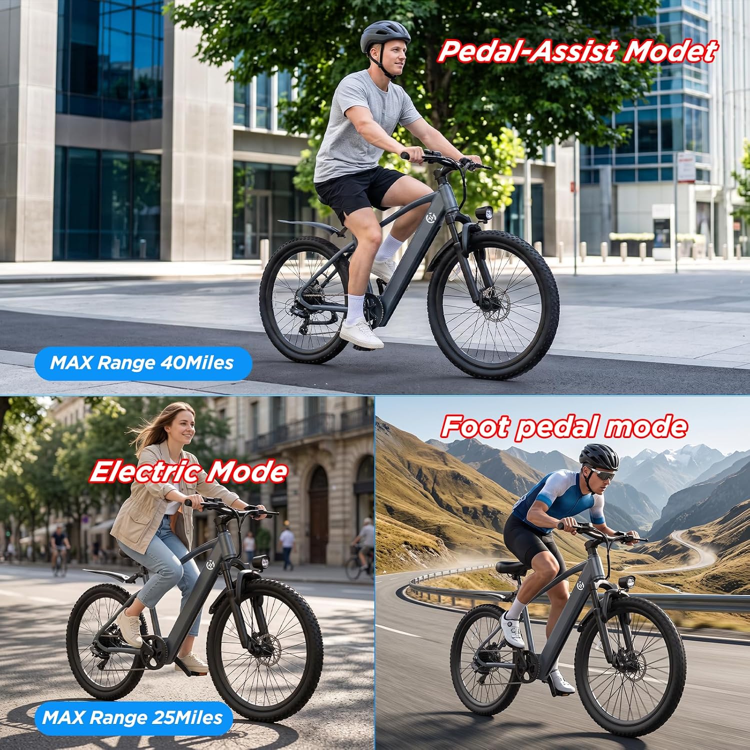 24'' Electric Bike for Adults, Electric Mountain Bike with 22 Mph 40 Miles | Eletric Bike with 1000W Peak Motor, 5-Speed Pedal-Assist Modes, Range 30/40 Miles, 7-Speed Dual Disc Brake E Bike with Pedals