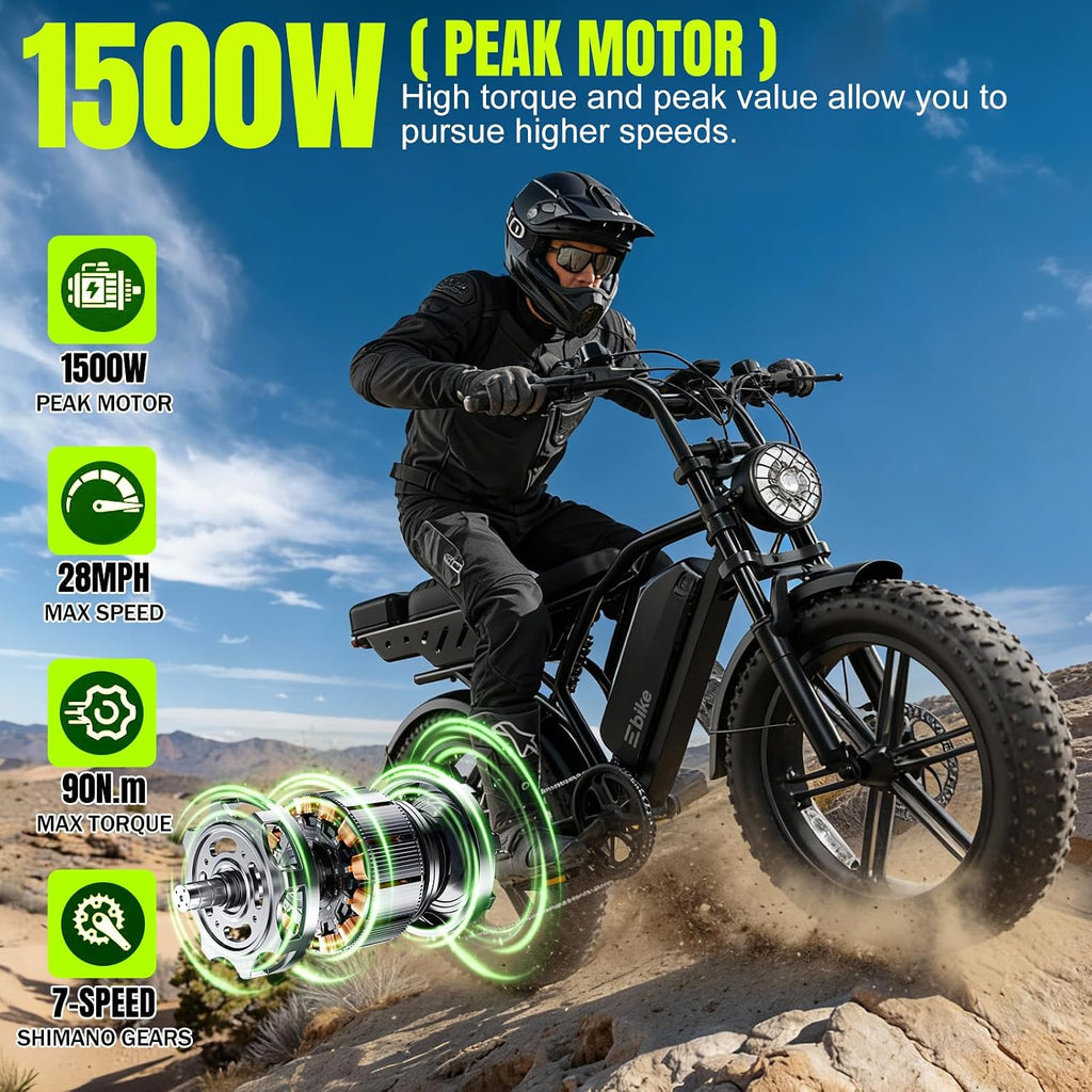TS TST GRP LLC Electric Bike for Adults, 1500W Peak Ebike, 48V 15AH Waterproof Removable Battery, 7 Speed, 28 MPH Max, 20" Electric Off-Road Bike
