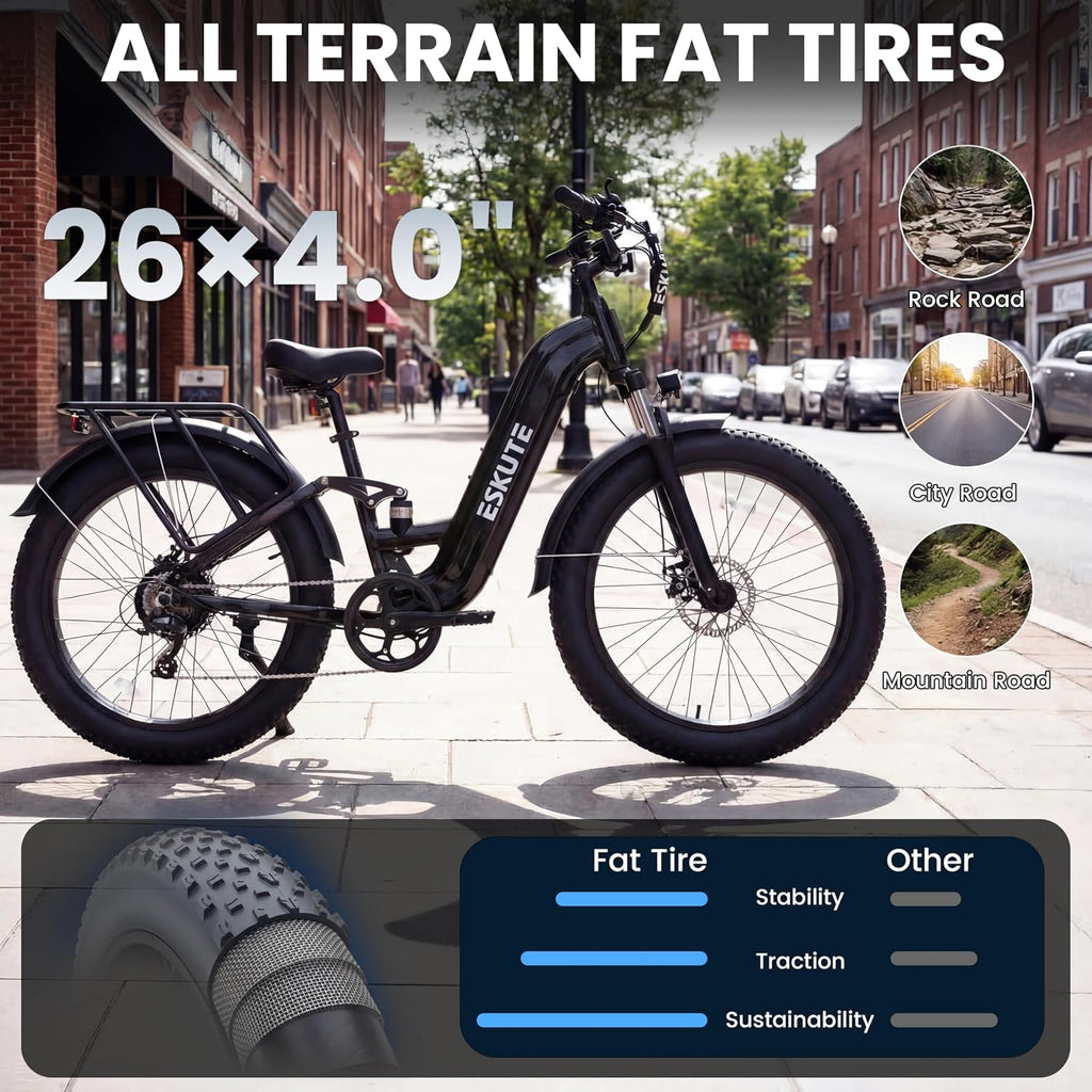 ESKUTE Electric Bike for Adults - 48V20.8Ah 80 Miles Battery Commuter, 32+MPH, Peak 1500W Brushless Motor, 26x4.0 Fat Tire Step-Thru Cityrun Ebike, 8-Speed, Full Suspensions E-Bike