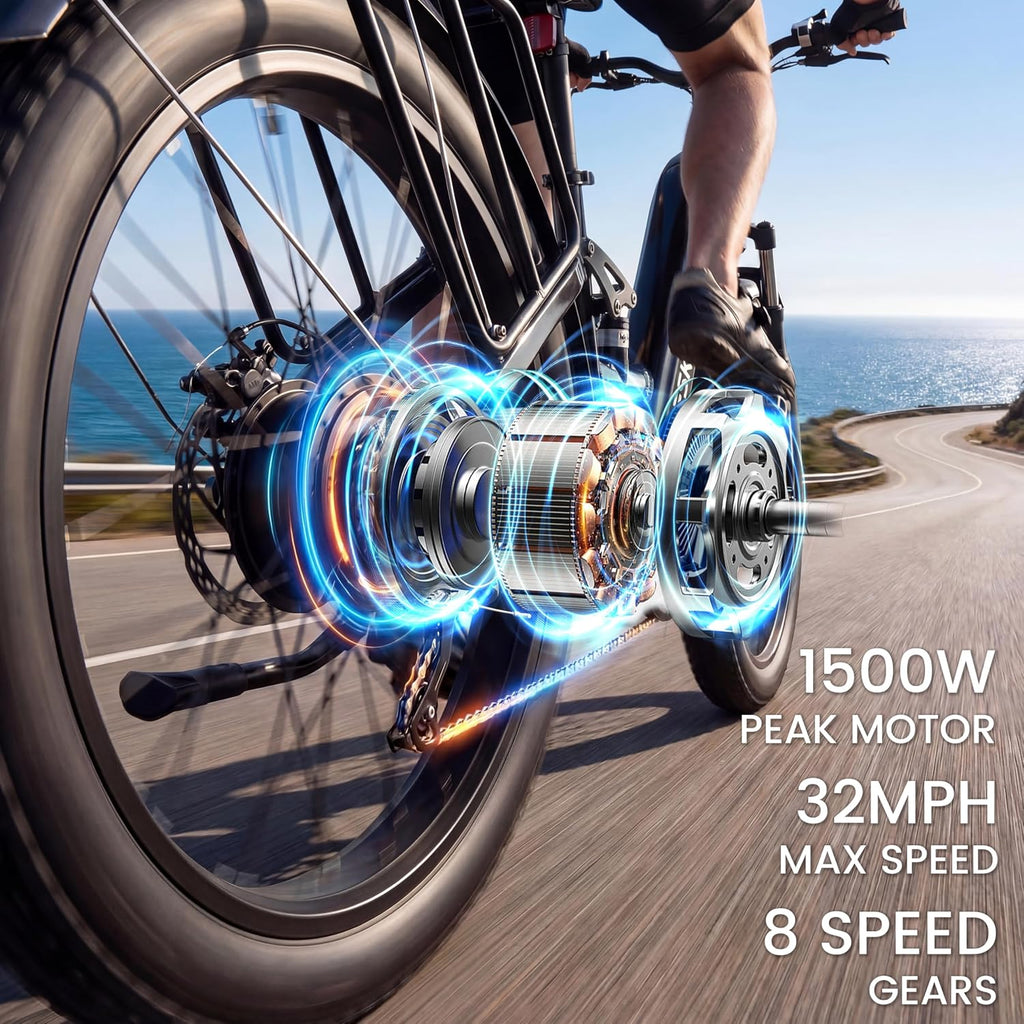 ESKUTE Electric Bike for Adults - 48V20.8Ah 80 Miles Battery Commuter, 32+MPH, Peak 1500W Brushless Motor, 26x4.0 Fat Tire Step-Thru Cityrun Ebike, 8-Speed, Full Suspensions E-Bike