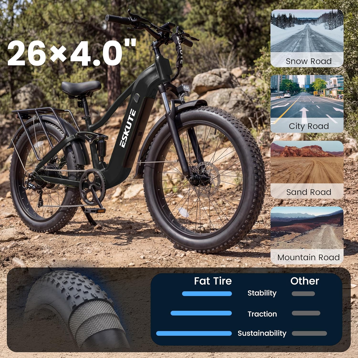 ESKUTE Electric Bike for Adults - 48V20.8Ah Battery Ebike up to 80 Miles, 32+MPH, Peak 1500W Brushless Motor, 26x4.0 Fat Tire Step-Over Mountain Ebike, 8-Speed, Full Suspensions E-Bike