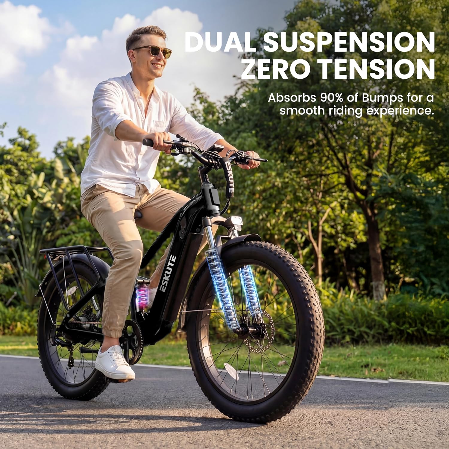 ESKUTE Electric Bike for Adults - 48V20.8Ah Battery Ebike up to 80 Miles, 32+MPH, Peak 1500W Brushless Motor, 26x4.0 Fat Tire Step-Over Mountain Ebike, 8-Speed, Full Suspensions E-Bike