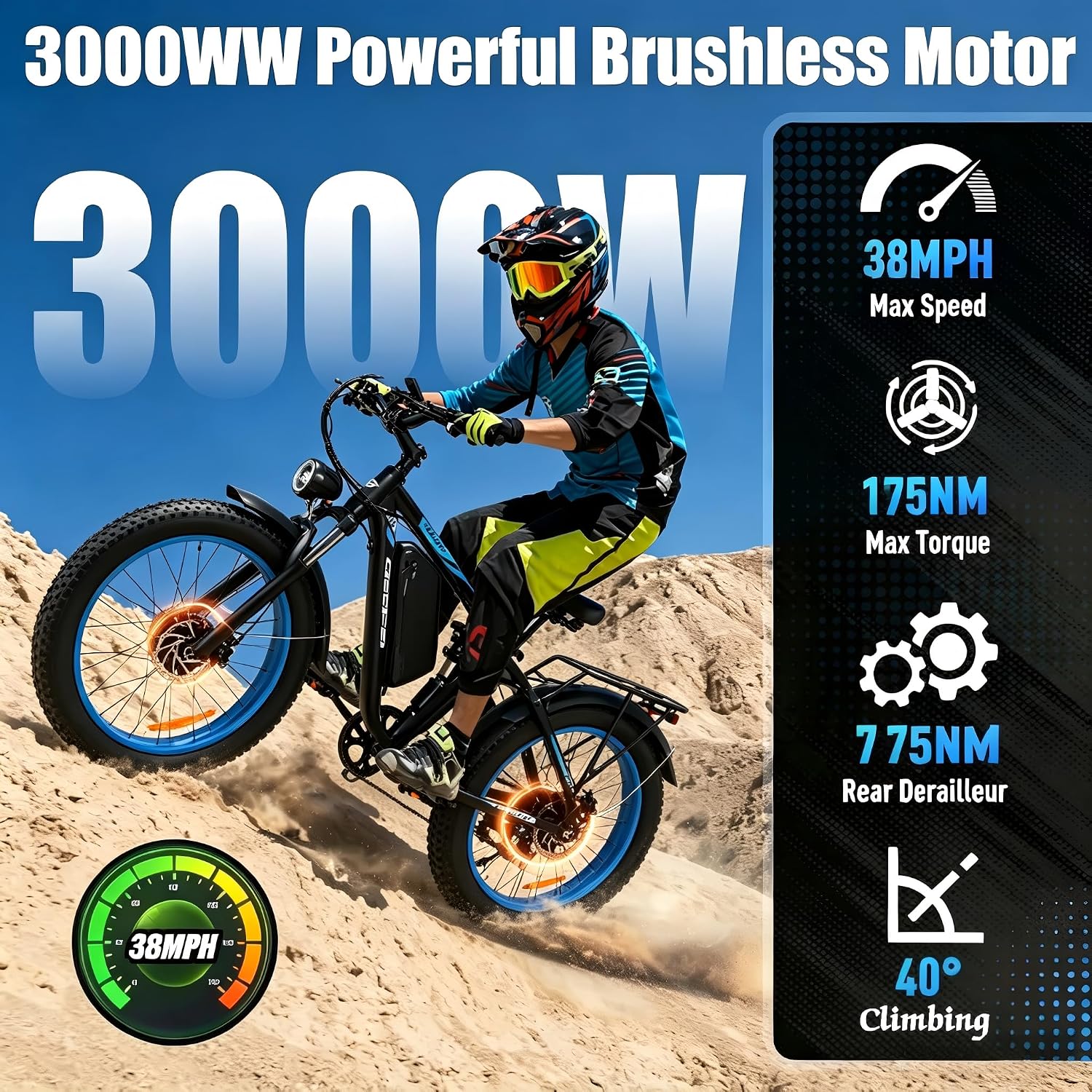AWD Electric Bike for Adults, 48V 25AH Removable Battery, Peak 4000W Power 26” Fat Tire Ebike, Dual Motor Electric Bicycles, Fast Dual Hydraulic Brakes 7-Speed All Terrain E-Bikes