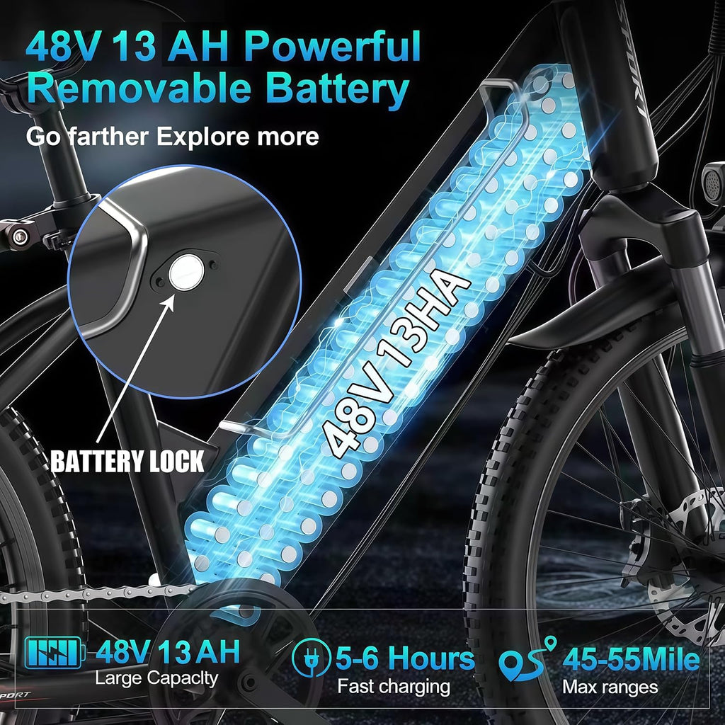 Electric Bike for Adults Teens,1500W Peak Ebike,60Miles 25MPH E Mountain Bike,26" Electric Bicycle with 48V Removable Battery,Adjustable Seat,7 Speed UL2849 Commut E Dirt Bike