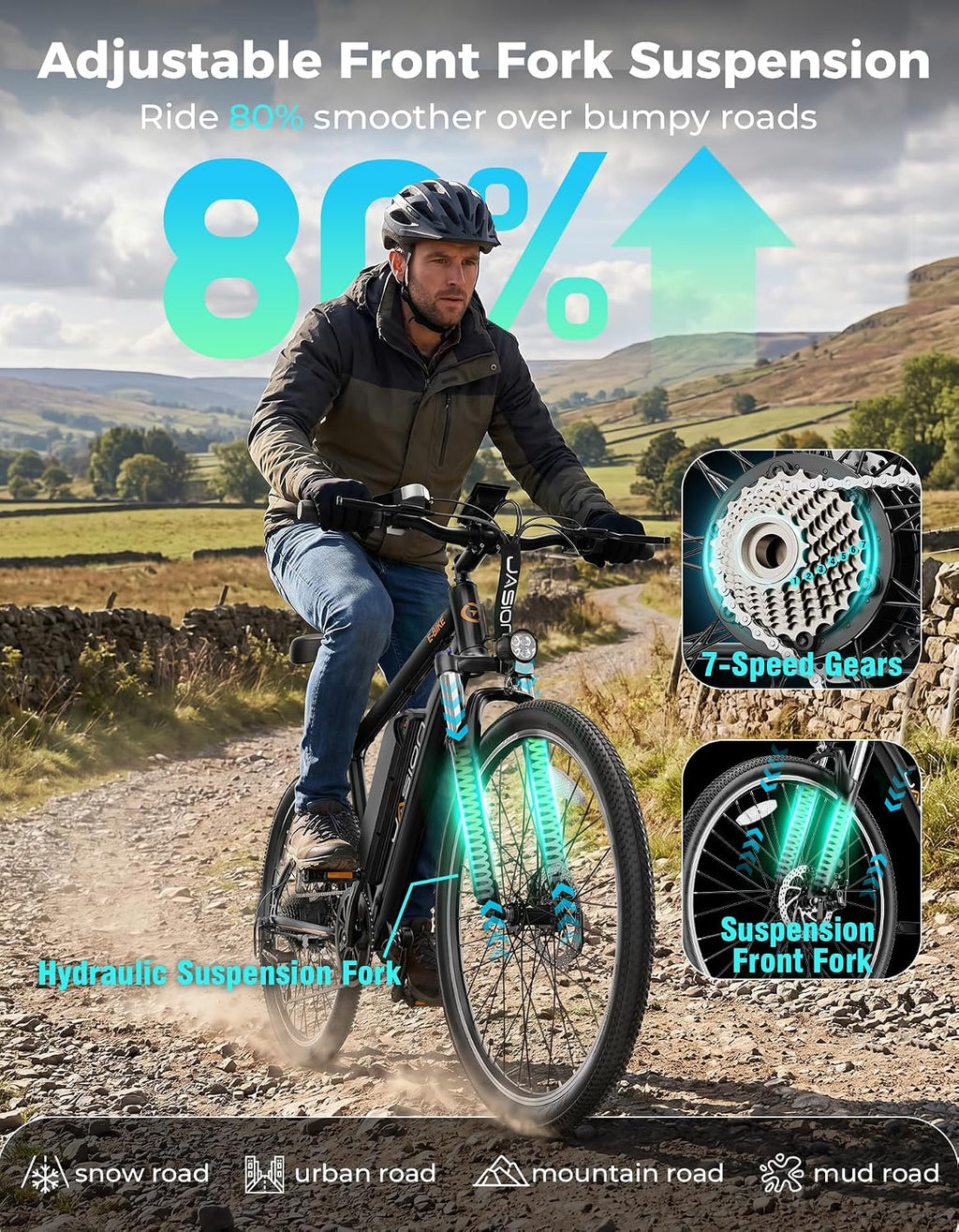 Jasion EB5 26" Electric Bike for Adults,1000W Peak Motor E Bike,Max 40Miles Mountain Ebike,Removable Battery Commuting Electric Bicycle with 7-Speed,Front Shock Suspension E-Bike