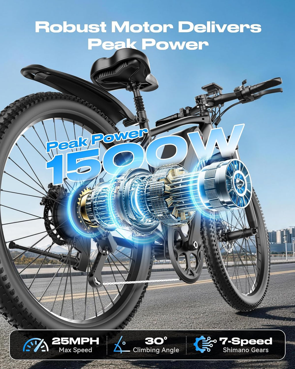 26'' Electric Bike for Adults 1500W Peak Motor 55 Miles Long Range 25MPH Commuter E-Bike with 7 Speed Gears Waterproof Pedal Assist UL2849 Electric Mountain Bicycle for Men