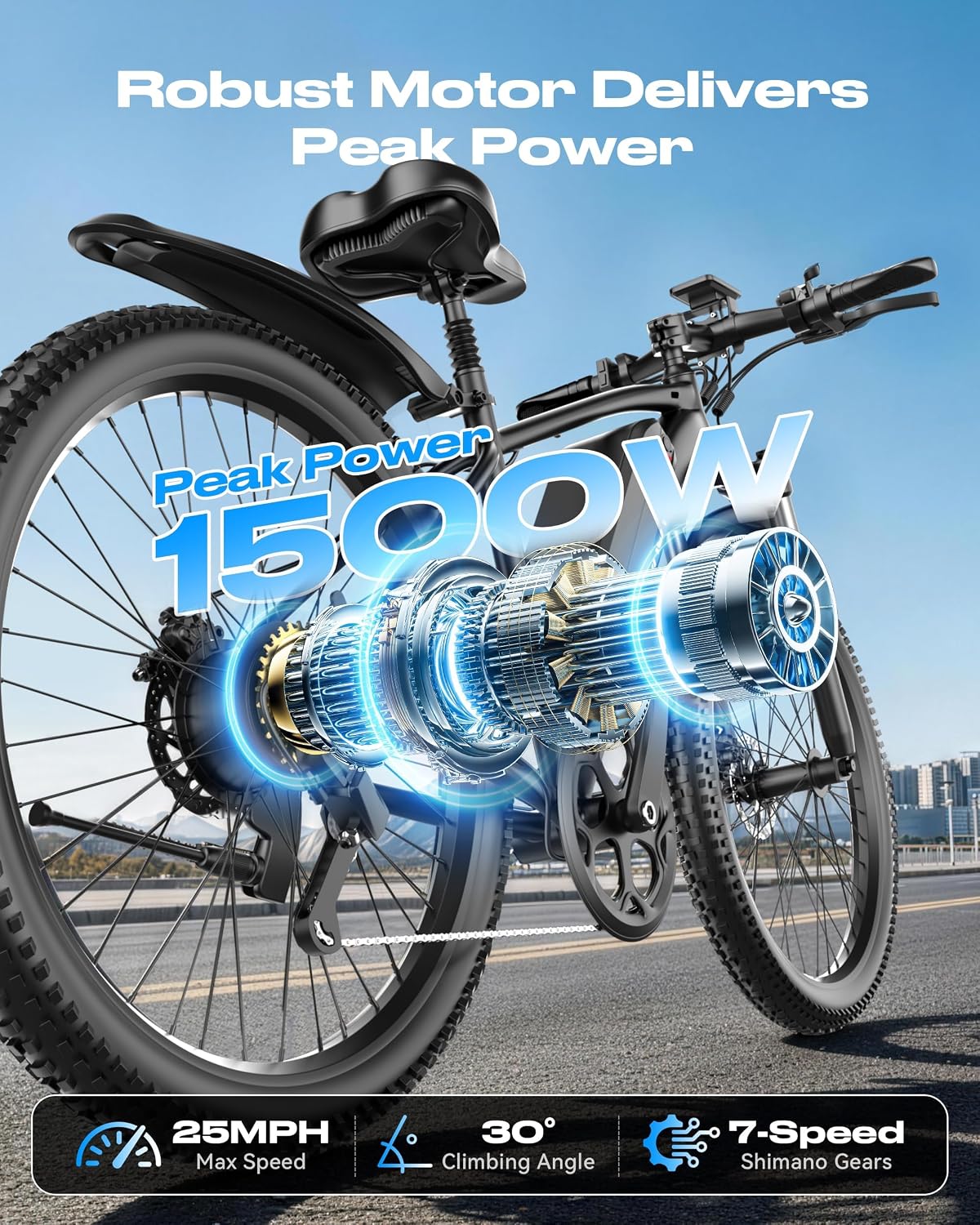 26'' Electric Bike for Adults 1500W Peak Motor 55 Miles Long Range 25MPH Commuter E-Bike with 7 Speed Gears Waterproof Pedal Assist UL2849 Electric Mountain Bicycle for Men