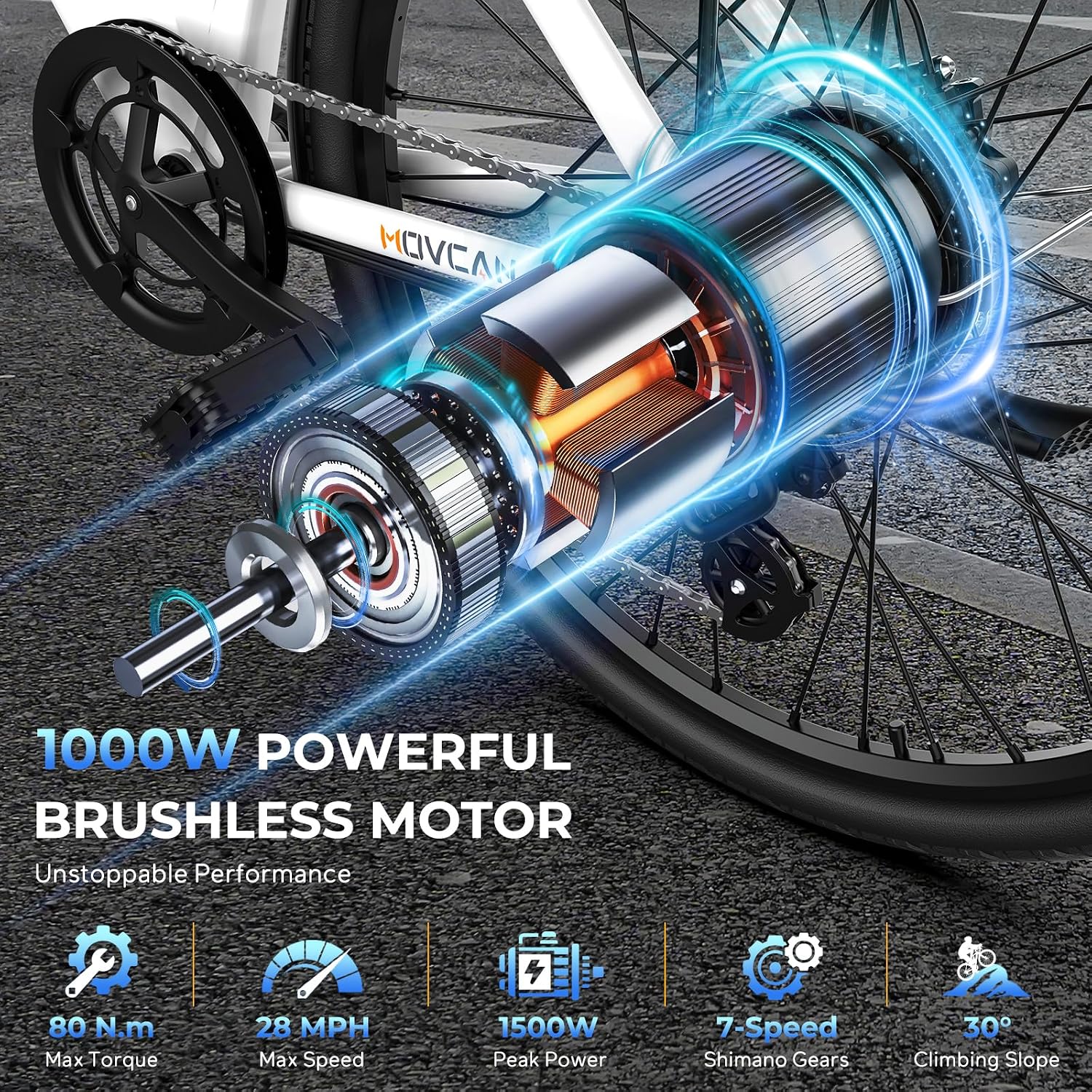 Movcan V80 Electric Bike for Adults - 1000W Motor -28MPH- 70 Mile Range | 26'' City Cruiser Ebike, 48V 13Ah Removable Battery, 7-Speed Dual Disc Brake, Mountain E-Bike for Commuting & Urban Adventure