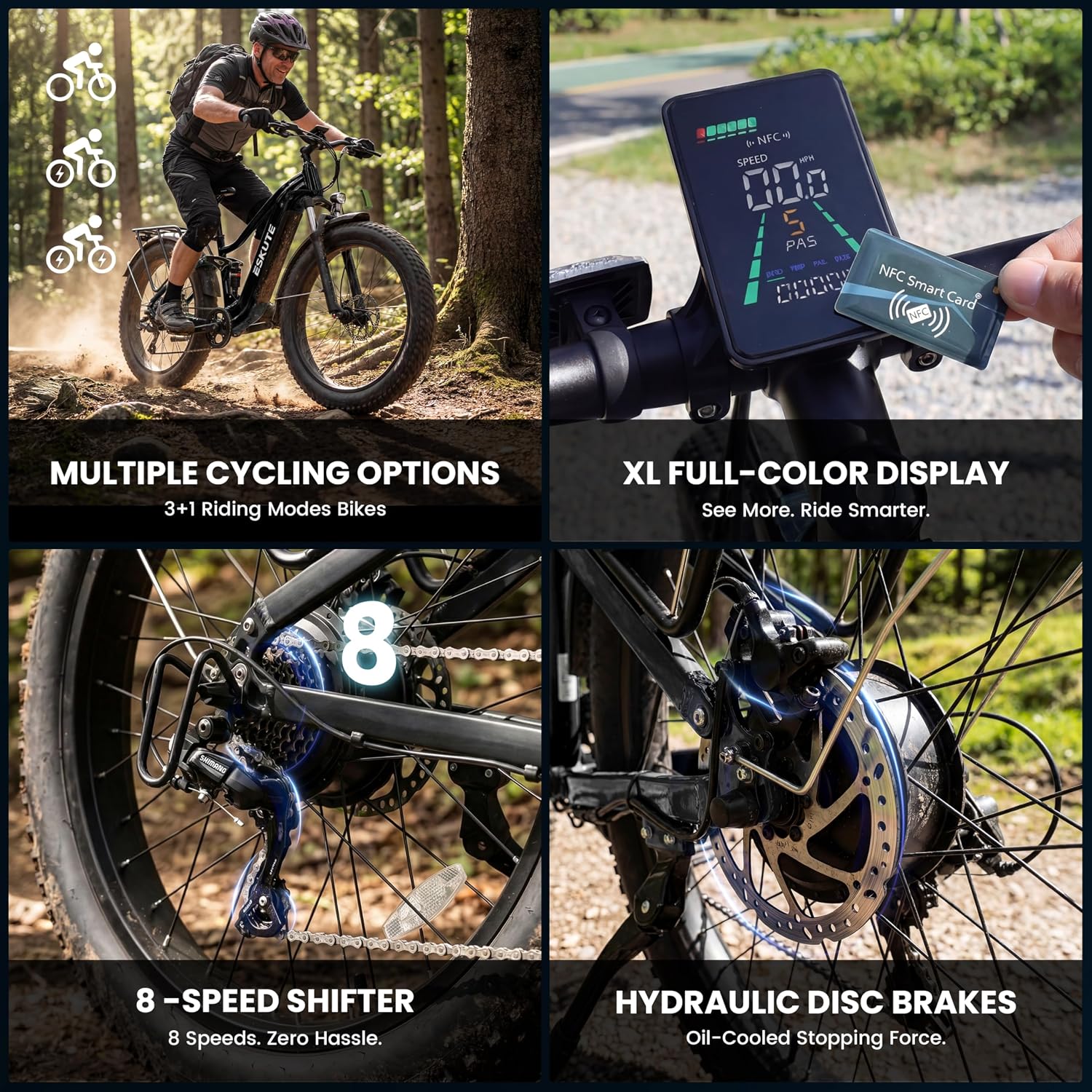 ESKUTE Electric Bike for Adults - 48V20.8Ah Battery Ebike up to 80 Miles, 32+MPH, Peak 1500W Brushless Motor, 26x4.0 Fat Tire Step-Over Mountain Ebike, 8-Speed, Full Suspensions E-Bike
