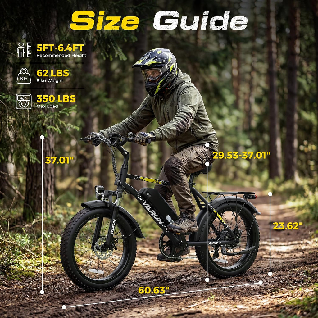 VARUN Electric Bike - 1000W Peak Motor 60 Miles Fat Tire Ebike with 48V 13Ah Removable Battery, 7-Speed, All Terrain 20" Cruiser Adults Electric Bike with Cargo