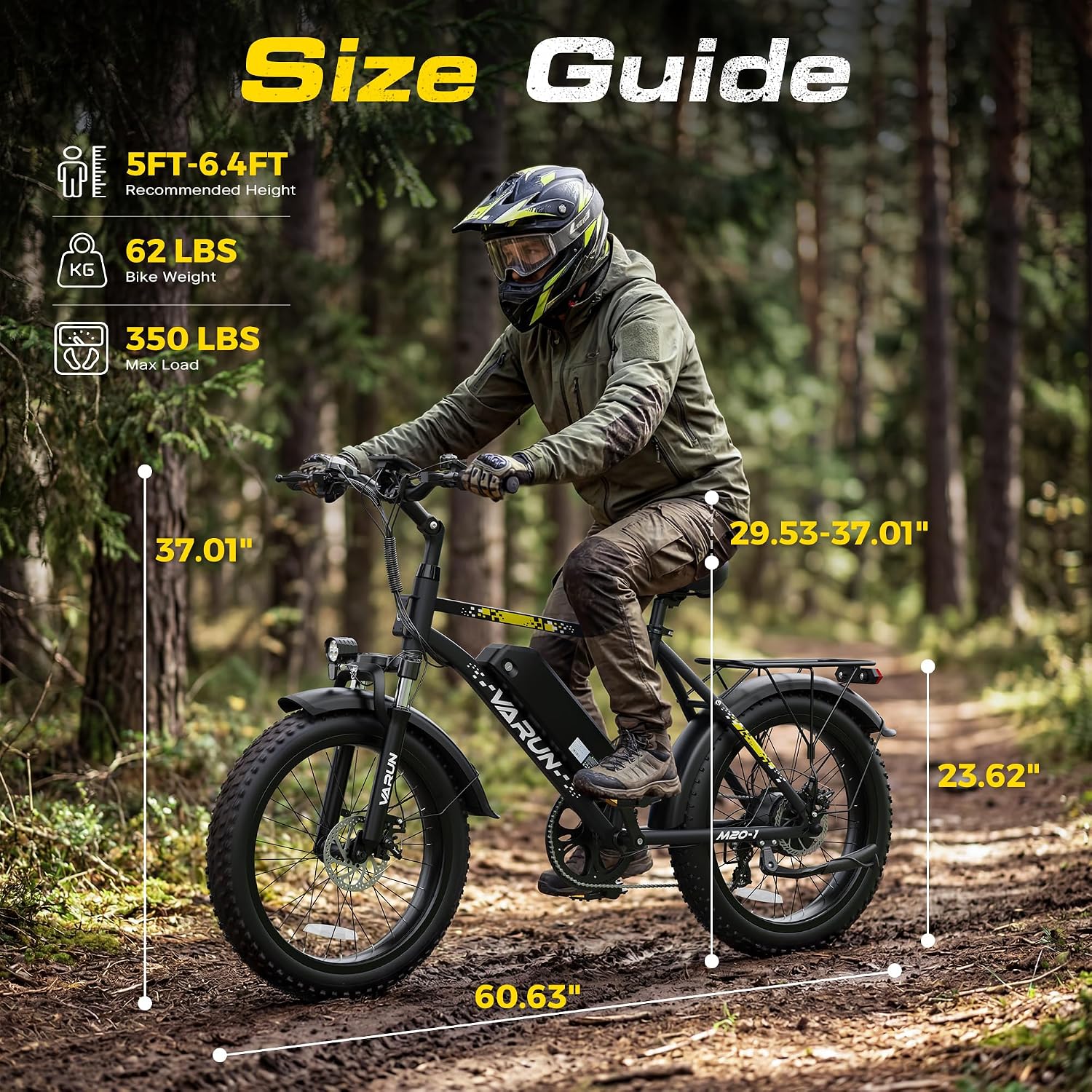 VARUN Electric Bike - 1000W Peak Motor 60 Miles Fat Tire Ebike with 48V 13Ah Removable Battery, 7-Speed, All Terrain 20" Cruiser Adults Electric Bike with Cargo