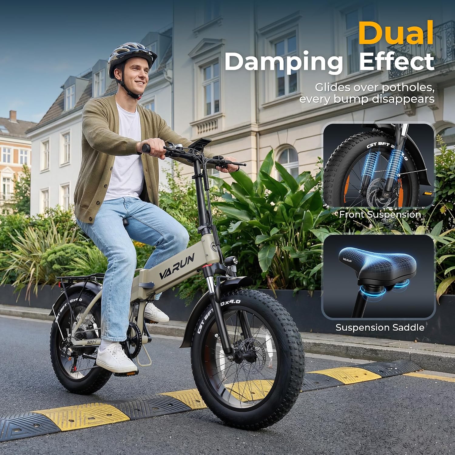 VARUN Electric Bike- 1000W Peak Motor, 25MPH 48V13 Ah Hidden& Removable Battery, 20"x4.0" Fat Tire, 7-Speed E-Bike with Front/Dual Suspension – Foldable Mountain Ebike for Adults, Certified by UL2271