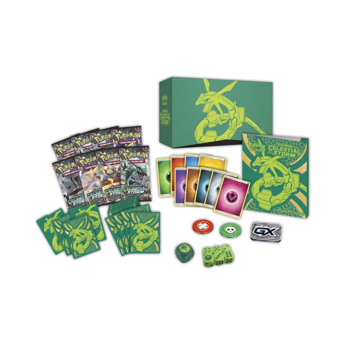 Pokémon TCG Sun & Moon Celestial Storm Elite Trainer Box – 8 Booster Packs with Rayquaza Card Sleeves
